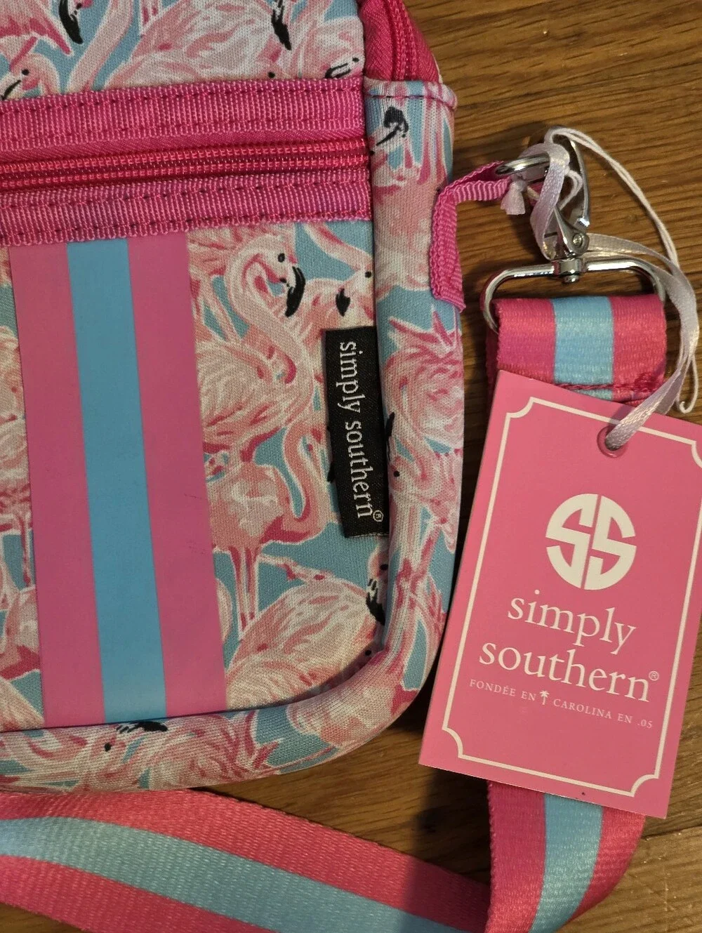 Simply Southern Pink & Blue Flamingo Stripe Crossbody Bag